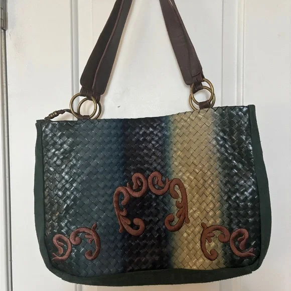 SHARIF Bundle of 3 Shoulder Bags Leather Suede and Mixed Green Brown Tan